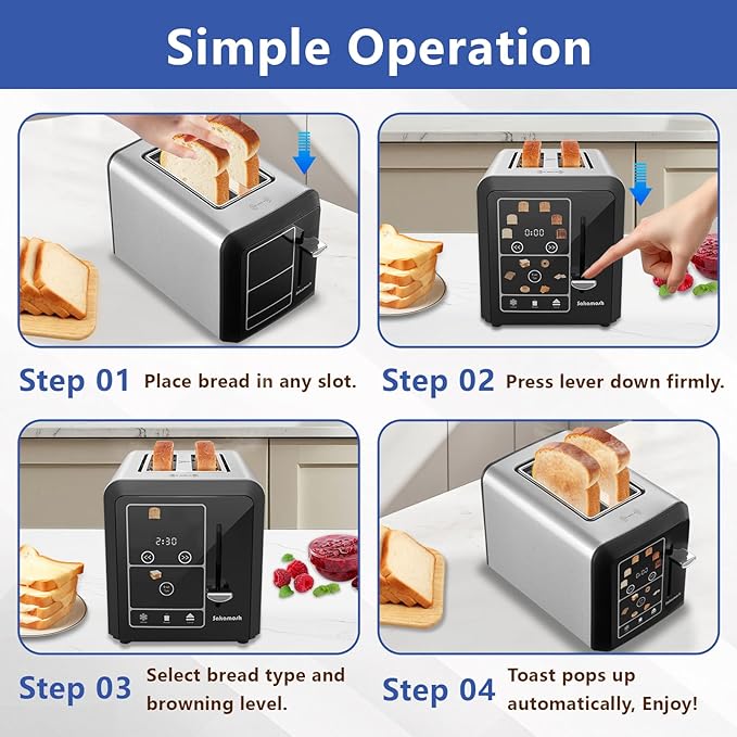 2 Slice Touch Screen Toaster 1.3 Wide Slots Smart Digital Display Toaster with 6 Browning Levels &amp 6 Bread Types Memory Defrost Reheat Stainless Steel 800W