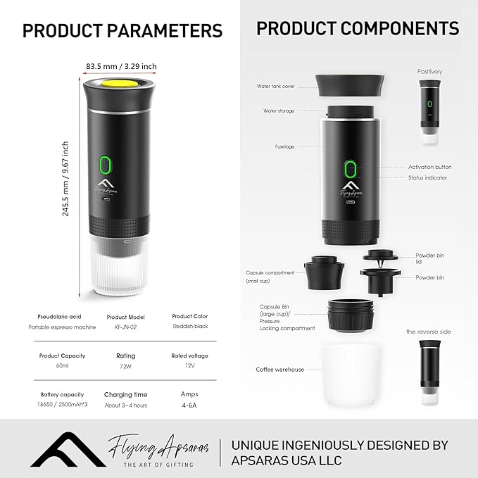 APSARAS USA Portable Coffee Maker for Travel Portable Espresso Maker 20 bar Mini Espresso Machine 3in1 Travel Coffee Maker with Ground Coffee &amp Capsule(Ns&ampDG) for RV Camping Car