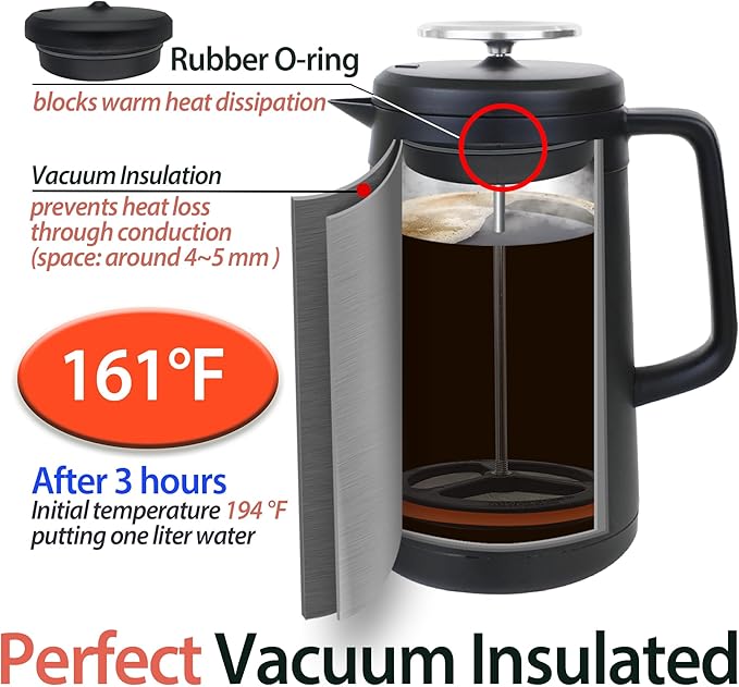 PortableAnd 34oz Double Vacuum Insulation Large Silicone French Press Coffee Maker with Silicone Ring Stainless Steel Perfect for Camping Travel and At-Home Use (Matte Black)