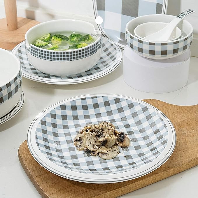 Ceramics Dinner Sets 29 Pieces Plaid Low Bone China Dinnerware Set | Porcelain Cereal Bowl and Steak Plate for Housewarming Gift and Restaurant