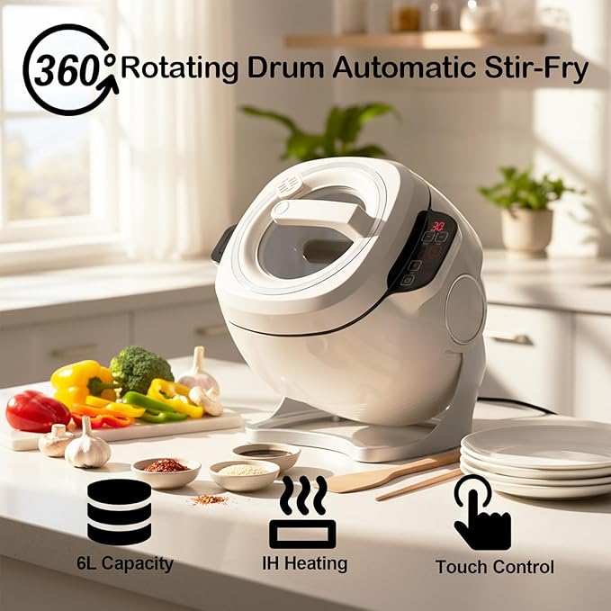 Electric Self Stirring Pot Automatic Cooking Machine 1000W 6L Automatic Pot Stirrer for Cooking 360° Rotating Stir Fry Machine Multi-Function Kitchen Robot for Stewing &amp Frying (White)