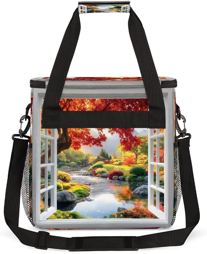 Window Scenery Maple Leaves Lake Coffee Maker Carring Bag Travel Carrying Storage Tote Bag Compatible with Keurig K-Mini or K-Mini Plus Portable Single Serve Coffee Brewer Case with Pockets