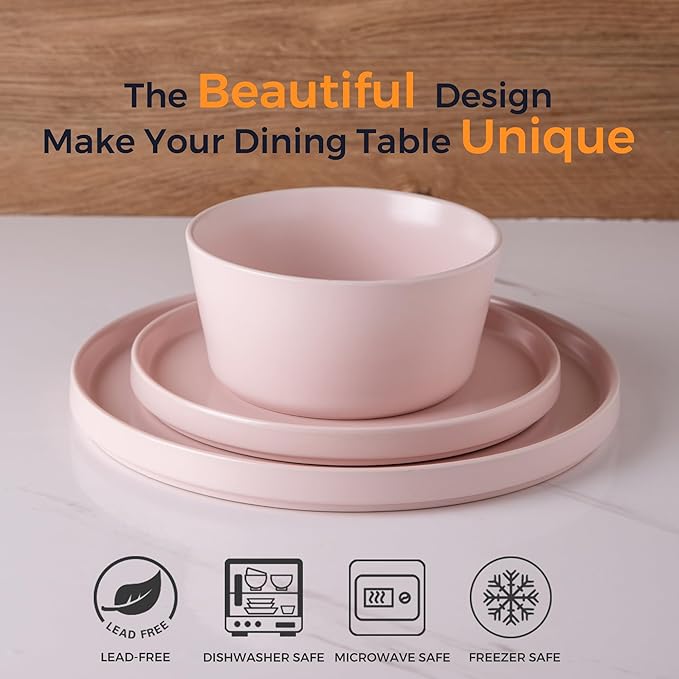 AmorArc Ceramic Dinnerware Sets of 4 Modern Flat Stoneware Plates and Bowls SetsChip and Crack Resistant | Dishwasher &amp Microwave Safe Dishes SetScratch Resistant- Service for 4 (12pc)-Matte Pi