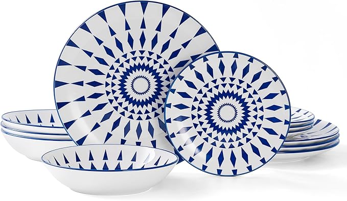 Bestone Ceramic 12-Pieces Dinnerware Sets Ceramic Dish Plates and Bowls Sets Dishes Set for 4 Dinner Salad Dessert Plates and Cereal Bowls Set GiftVintage Blue