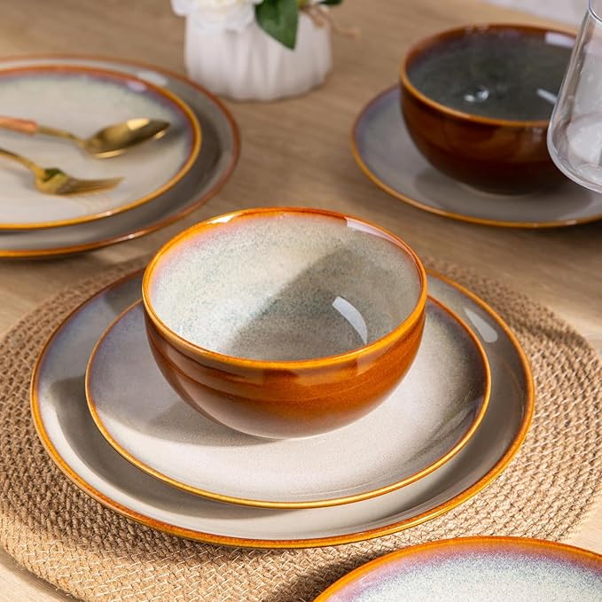 Ceramic Dinnerware Sets30-Piece Plates and BowlsHandmade Reactive Glaze Dishes SetChip Resistant and Scratch Resistant | Oven Dishwasher &amp Microwave SafeService for 6-Kahki