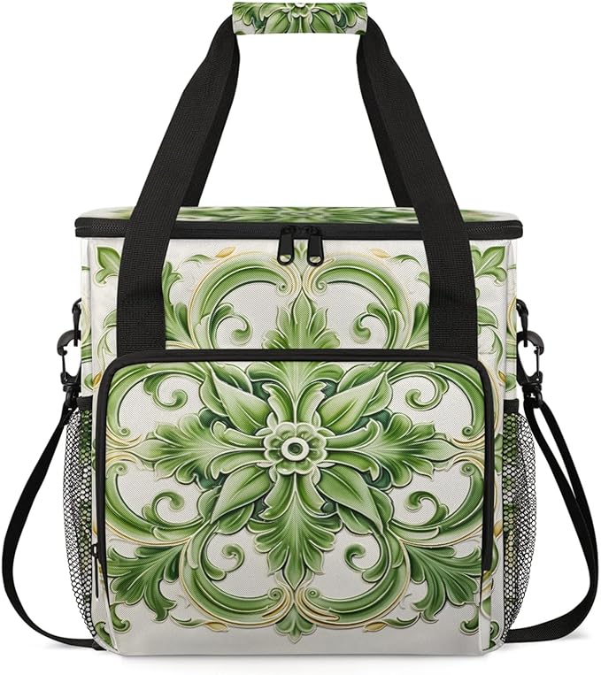 Green Floral Theme Coffee Maker Travel Bag for Keurig K-Mini/K-Mini Plus Insulated Waterproof Tote with Pockets for K-Cup Portable Single-Serve Brewer Case