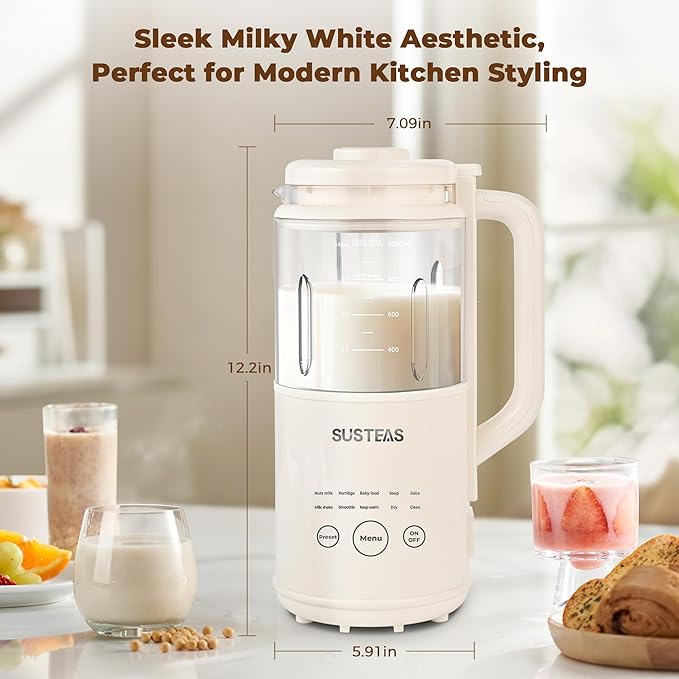 SUSTEAS 10 in 1 Nut Milk Maker Machine 34oz Soy Milk Maker for Almond/Oat/Soy Milk Juice Milkshake Rice Paste No Filtering Needed Almond Cow Milk Machine Maker with Self Cleaning Beige