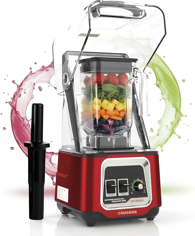 CRANDDI Professional Smoothie Blender 2200W Commercial Soundproof Quiet blender with Removable Soundproof Shield for Crushing Ice MilkShakes Puree Self-Cleaning 50oz 110V K80 (Red)