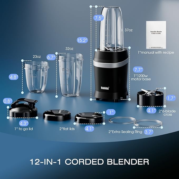 Nahida Blender for Smoothies 1200W Smoothie Blender for Ices Crushing Blenders with (2) 6-Fin Blades Personal Blenders for Kitchen with 23oz 32oz 37oz Easy Go Cups for Juices Black