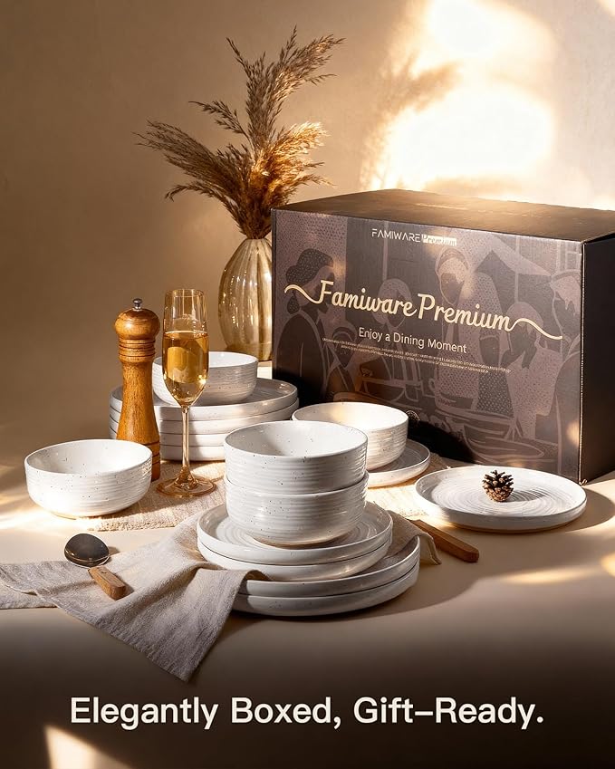 Stoneware Dinnerware Set Highly Chip and Scratch Resistant Everyday Plates and Bowls for 8 (24pcs) Reactive Glaze Speckled Ceramic Flared Dishes with Gift Box Microwave Dishwasher Safe White
