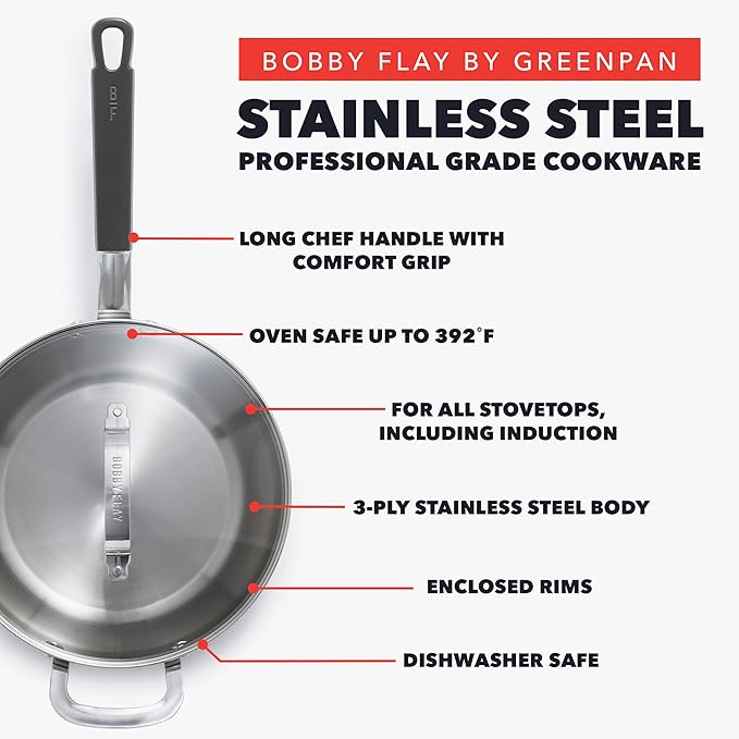 GreenPan x Bobby Flay Stainless Steel 3.75QT Saucepan &amp Glass Lid Professional Grade Tri-Ply Chefs Pan Multiclad Induction Suitable Dishwasher &amp Oven Safe Stay Cool Silicone HandleChip F