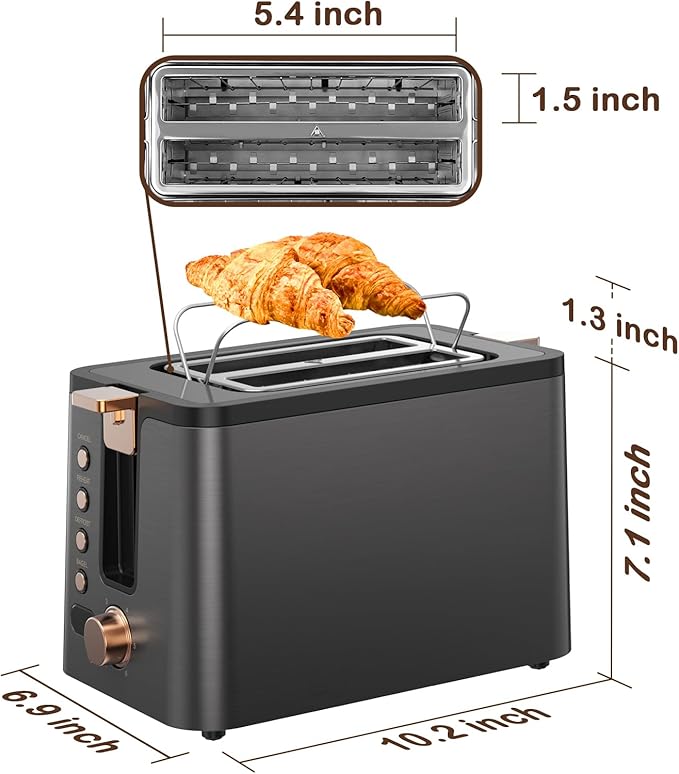 Mecity Toaster 2 Slice Stainless Steel Body Timer Bagel/Defrost/Reheat/Cancel FunctionsWarming Rack Removable Tray 6 Browning Settings Extra Wide Slots Bread Toaster 120V 800W Grey