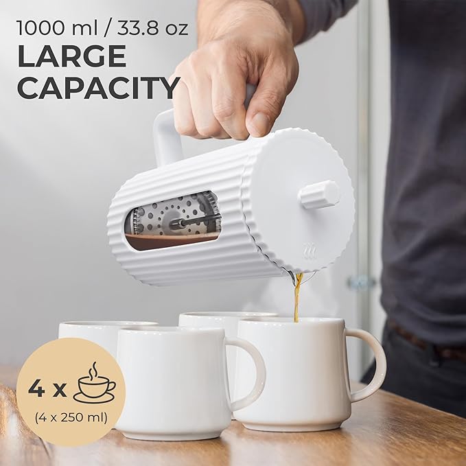 Kaffe French Press Coffee Maker (34oz / 1L) - Borosilicate Glass and BPA-Free Plastic Coffee Press - White - Lightweight Travel &amp Camping Coffee Maker