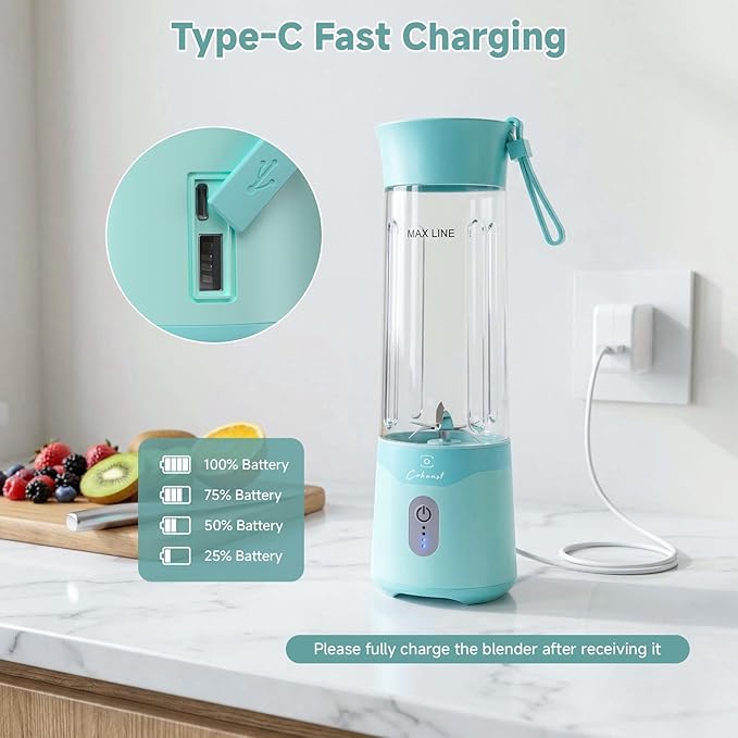COKUNST Portable Blender USB C Rechargeable Personal Blender Small Smoothie &amp Shake Maker with 6 Blades Compact Travel Mini Juicer Cup with Extra Lid for Home Gym Office 18oz Green