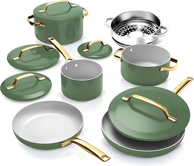 Gotham Steel Modern 11 Pc Ceramic Cookware Set Elegantly Designed Pots and Pans Set Non Stick with Steamer Induction Bottom Premium Stay Cool Handles Non Toxic PFOA Free Oven &amp Dishwasher Saf