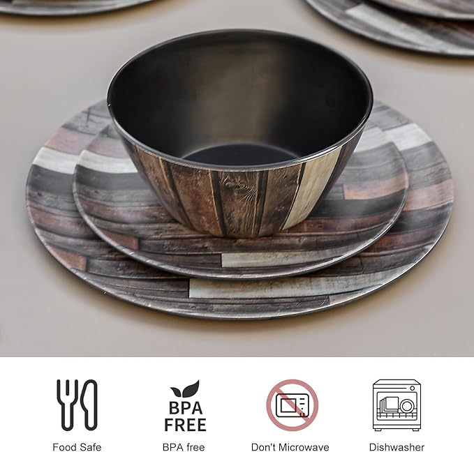 Wood Grain Melamine Dinnerware Set – 12 Piece Plates and Bowls Break-Resistant Dinner Plates for Everyday Use Heavy Duty Dishwasher Safe Camping Party Indoor Outdoor Dining
