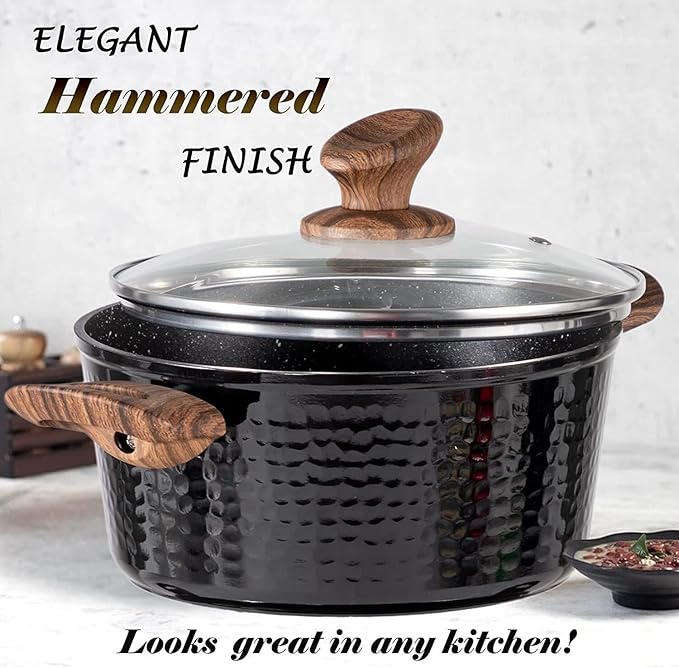 Pots and Pans Set Non Stick 15 Pcs Non-Toxic Hammered Kitchen Cookware Sets Black Granite Cooking Pot and Pan for Induction Stovetop