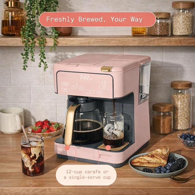 Multi Brew Coffee Maker with Single Serve and Carafe Brewing Options for Countertop Home Use (Rose)