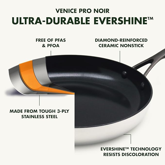 GreenPan Venice Pro Noir Tri-Ply Stainless Steel Healthy Ceramic Nonstick 8 Frying Pan Skillet PFAS-Free Multi Clad Induction Dishwasher Safe Oven &amp Broiler Safe