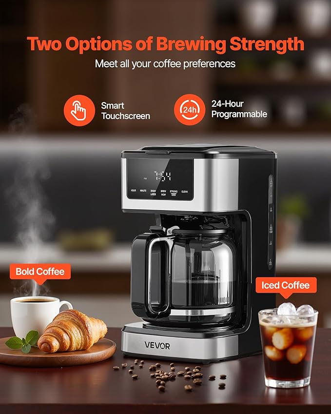 VEVOR Programmable Coffee Maker 12 Cup Programmable Drip Coffee Makers with Touch Screen 4-Hour Keep Warm Coffee Makers Drips 2 Brew Strengths Drip Coffee Machine for Home 24-Hour Programmable