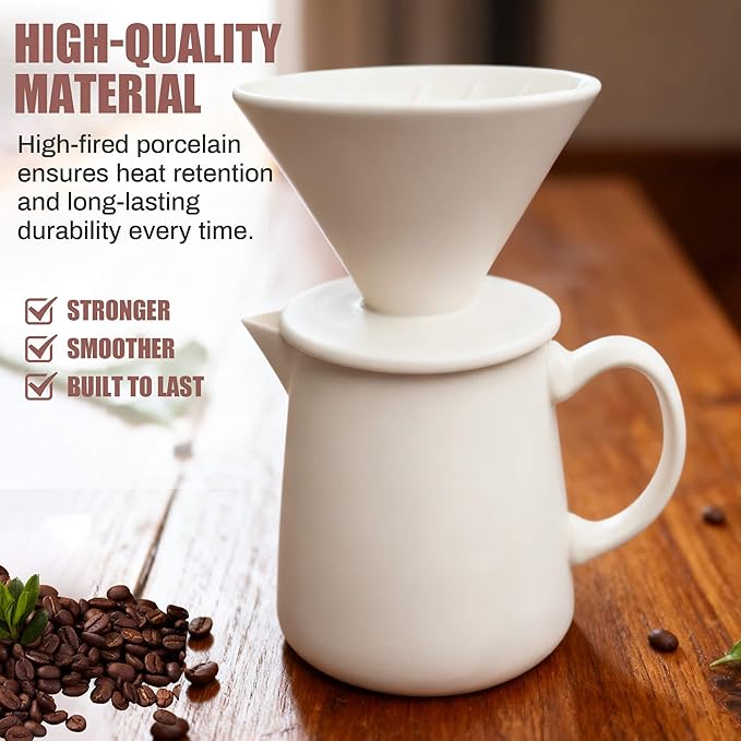 Ceramic Pour Over Coffee Maker Dripper - Uses Standard #2 &amp #4 Paper Filters 450ml/15oz White Barista Style for Home &amp Office
