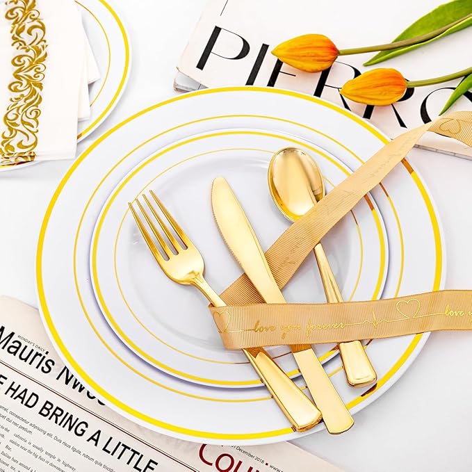 I00000 60 Pieces Gold Plastic Plates Heavy Duty White and Gold Plastic Plates for 30 Guests Include: 30 Gold Rim Dinner Plates and 30 Gold Dessert Plates Perfect for Wedding &amp Party