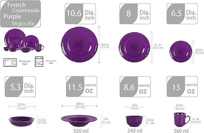 56pc Dinnerware Set Plate and Bowl Set Stoneware Dishes Set for 8 Microwave and Dishwahser Safe Scratch Resistant French Countryside Speckled Antique Purple