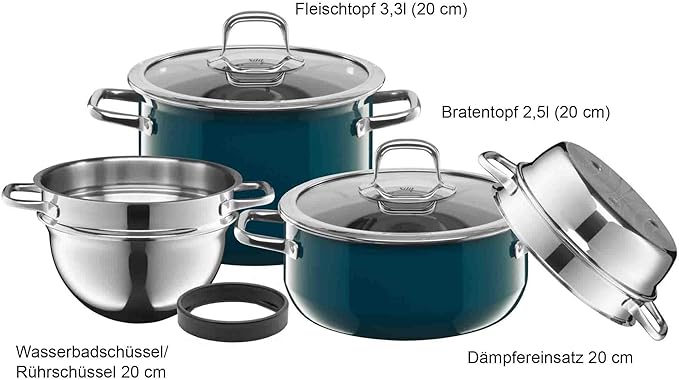 Silit Compact 4-Piece Induction Saucepan Set with Glass Lid Silargan Functional Ceramic Induction Pots Set Nickel-Free Petrol Blue
