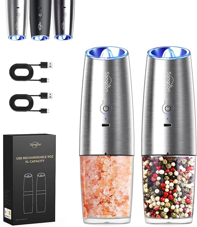 Bundled Sangcon Gravity Electric Salt and Pepper Grinder Set RECHARGEABLE Automatic Salt Pepper Shakers USB-C No Battery Needed