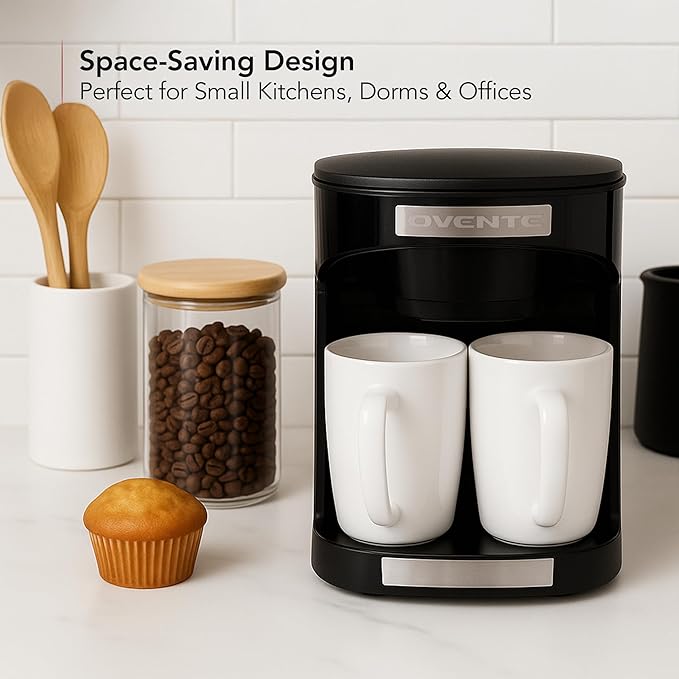 OVENTE Double Drip Coffee Maker with 2 Ceramic Mugs and Auto Shut Off Small Dual Drip Coffee Maker Machine Works with Ground Coffee Only Compact Kitchen or Office Essential Black CMDD2MB