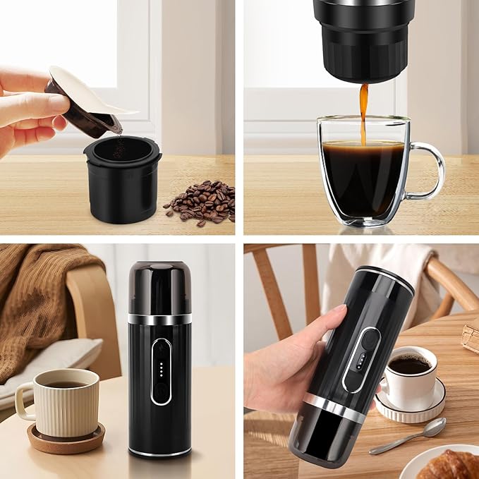 Portable Espresso Machine Travel Espresso Maker Car Coffee Maker Self-Heating with USB-C Compatible with Ground Coffee &amp Capsules (NS＆DG) for RV Hiking Camping Office