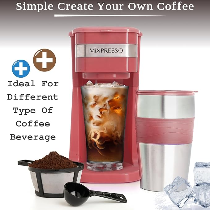 Mixpresso Red Personal Single Serve Coffee Maker with 14oz Travel Mug Drip Small Coffee Maker with Auto Shut Off Reusable Filter Works with Ground Coffee Only – Not for K-Cup Pods