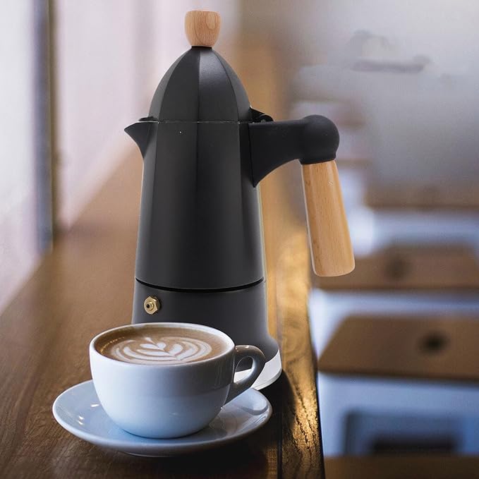 SIXRUN Aluminum Alloy Octagonal Percolator Coffee Pot Maker with Safety Valve and Beech Wood Handle (Black)
