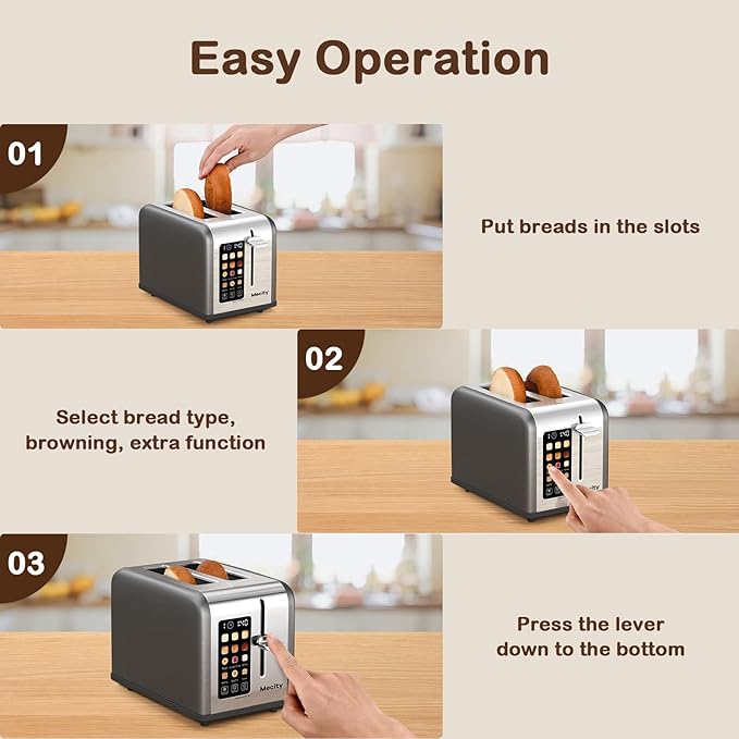 Mecity 2 Slice Touch Screen Toaster 1.5 Wide Slot Stainless Steel Smart Toaster for Bagels Muffins Waffles Gluten-Free Breads Defrost Reheat Timer 120V 825W Grey Pearl