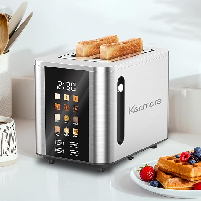 Kenmore 2-Slice Toaster - Color Touch Screen &amp 6 Shade Settings Extra Wide Slots Digital Countdown Timer Customizable Smart Presets Reheat Defrost Add Time Functions Stainless Steel