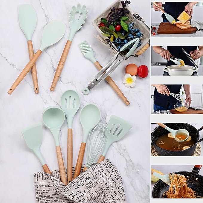 11 pieces of silicone cookware set heat-resistant wooden handle kitchen gadget storage bucket non-stick cookware (Pink)