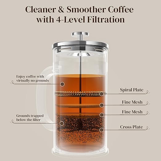 Veken French Press Coffee Maker 34oz 1 L No Plastic Touching Cafe Heat Resistant Thickened Borosilicate Glass Stainless Steel Brewer Cold Brew Cafetera Teapot for Kitchen Travel Camping Silver