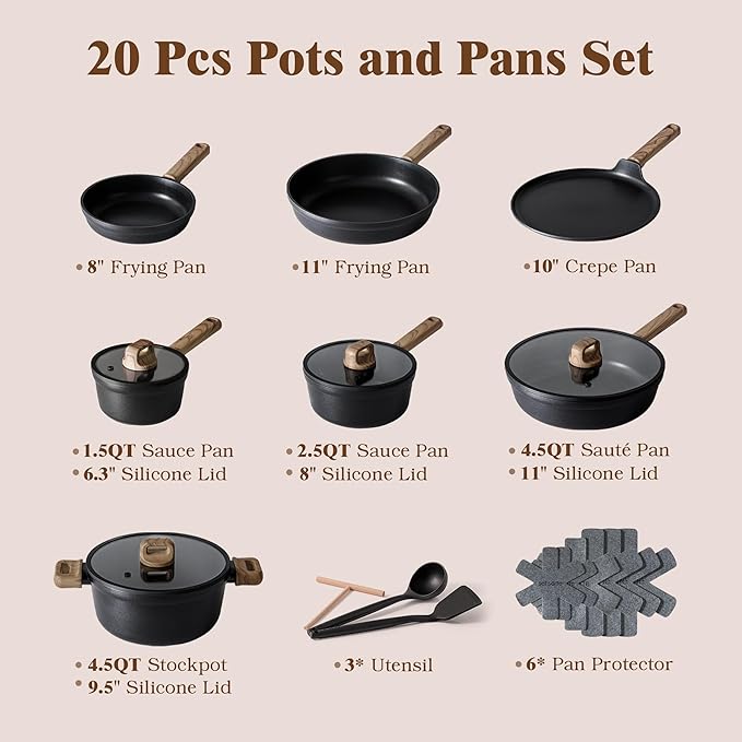 SENSARTE 20Pcs Nonstick Pots and Pans Set Black Titanium Non Stick Cookware Set Healthy Kitchen Cooking Set Induction Compatible Dishwasher Safe PFOA/PFOS Free