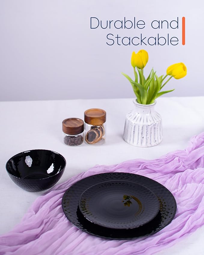 Dinnerware Sets Light &amp Durable 18 Pieces Opal Glass Plates and Bowls Set Dishwasher and Microwave Safe Dish Dinning Ware Thin but Strong Geometric Faceted Black
