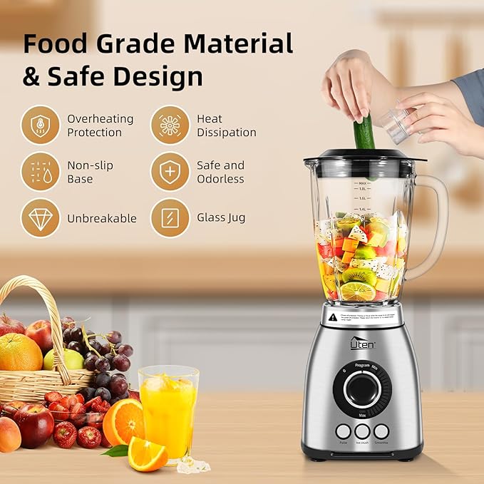 Uten 800 Watt Fast Countertop Blender for Smoothies and Shakes Ground Coffee Beans 60 Oz Glass Jar 18 Speed Levels 3 Programs Ice Crush Smoothie Pulse