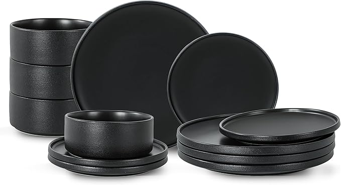 Plates and Bowls Sets 12 Piece Ceramic Dinnerware Set for Family and Gatherings Dishes Set for 4 Dishwasher &amp Microwave Safe Handcrafted Stoneware Sets Modern Black