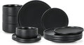 Plates and Bowls Sets 12 Piece Ceramic Dinnerware Set for Family and Gatherings Dishes Set for 4 Dishwasher &amp Microwave Safe Handcrafted Stoneware Sets Modern Black