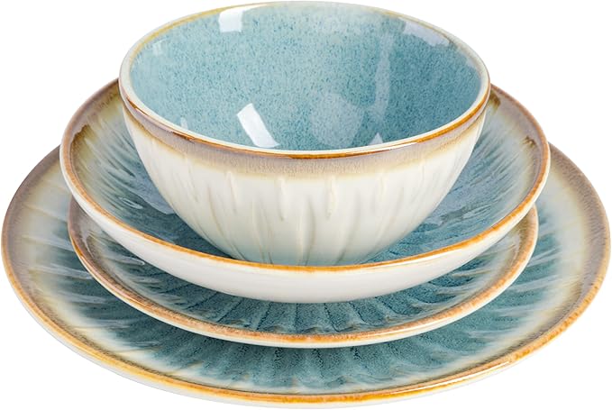 Gibson Elite Mayfair Bay 16-Piece Embossed Double Bowl Dinnerware Set Service for 4 – Blue Stoneware Plates and Bowls