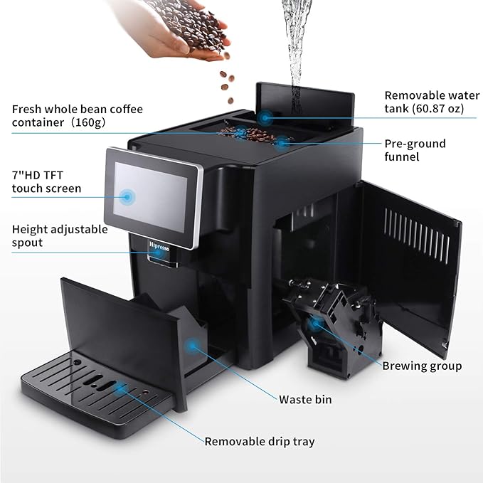 Hipresso Super Fully Automatic Espresso Coffee Machine-7 HD TFT Touchscreen with Milk Frother 19 Bar Pressure