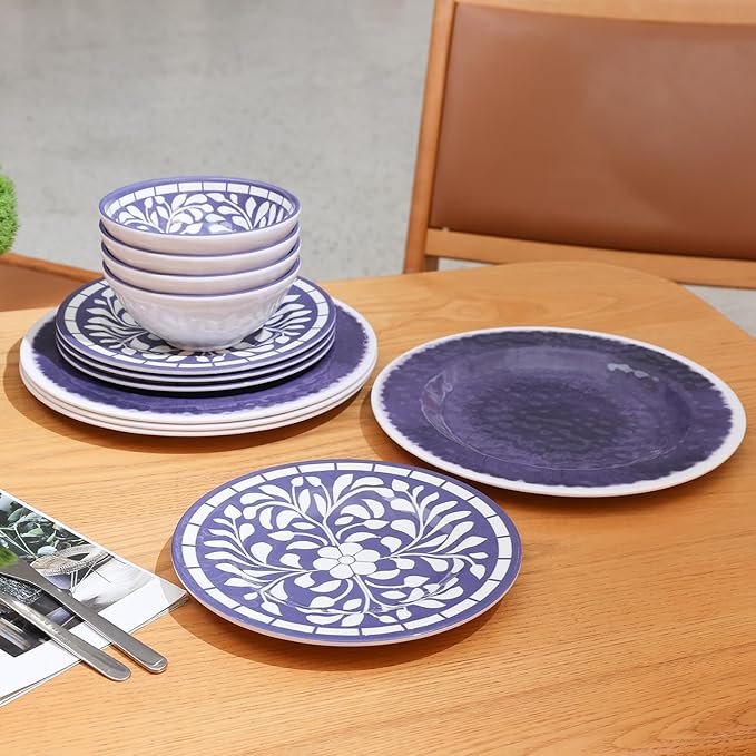 Melamine Dinnerware Set 12 Pieces Plates and Bowls Set Unbreakable Dish SetLightweightCampingDishwasher SafeService for 4 Blue-purple