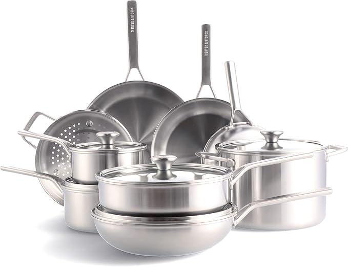 Merten &amp Storck Tri-Ply Stainless Steel 14 Piece Cookware Pots &amp Pans SetProfessional CookingMulti CladMeasurement MarkingsDrip-Free Pouring EdgesDurable Glass LidsInductionOven&ampDis