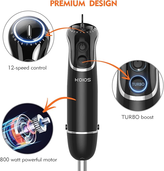 KOIOS 800-Watt/ 12-Speed Immersion Hand Blender(Titanium Reinforced) Turbo for Finer Results 4-in-1 Set Includes BPA-Free Food Chopper / Egg Beater / Beaker Ergonomic Grip Detachable