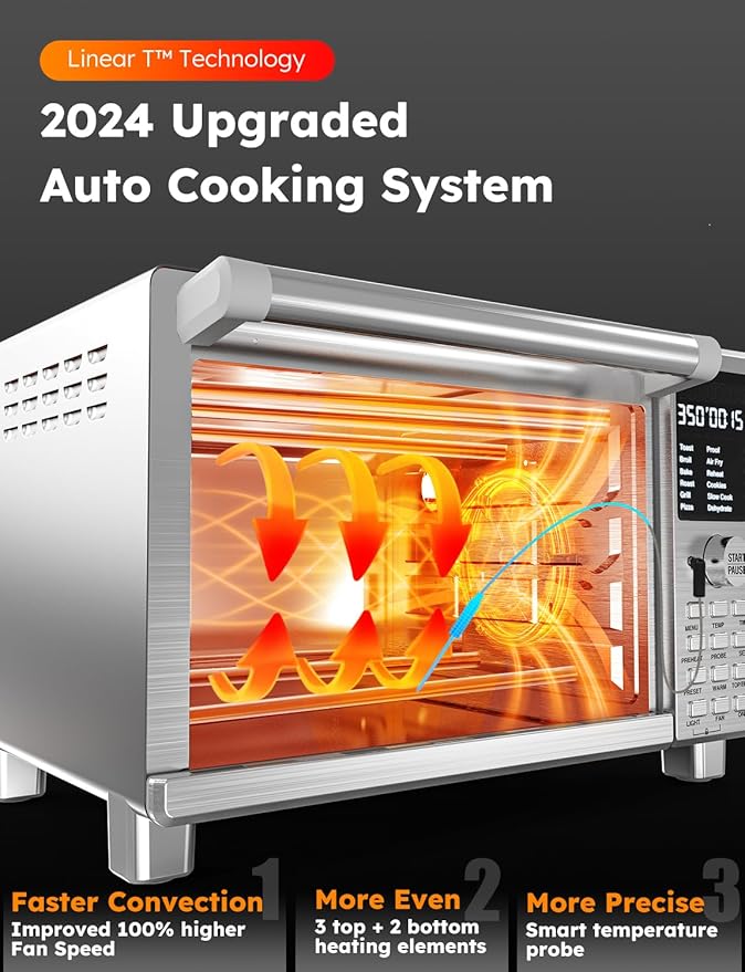 Nuwave Bravo Pro Smart Toaster Oven Countertop True Air Fryer Combo w/Improved 100% Convection 35% Crispier 112 Presets Customizable Pizza Zones Integrated Probe PFAS Free 30QT Stainless Steel