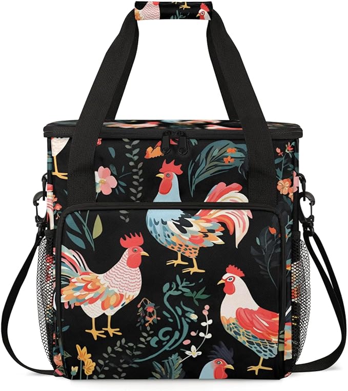 Roosters Flowers Coffee Maker Travel Bag for Keurig K-Mini/K-Mini Plus Insulated Waterproof Tote with Pockets for K-Cup Portable Single-Serve Brewer Case