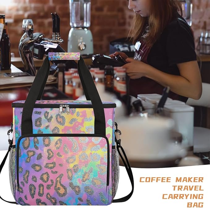 Gold Pink Leopard Print Coffee Maker Carring Bag Travel Carrying Storage Tote Bag Compatible with Keurig K-Mini or K-Mini Plus Portable Single Serve Coffee Brewer Case with Pockets for K-cup Pods